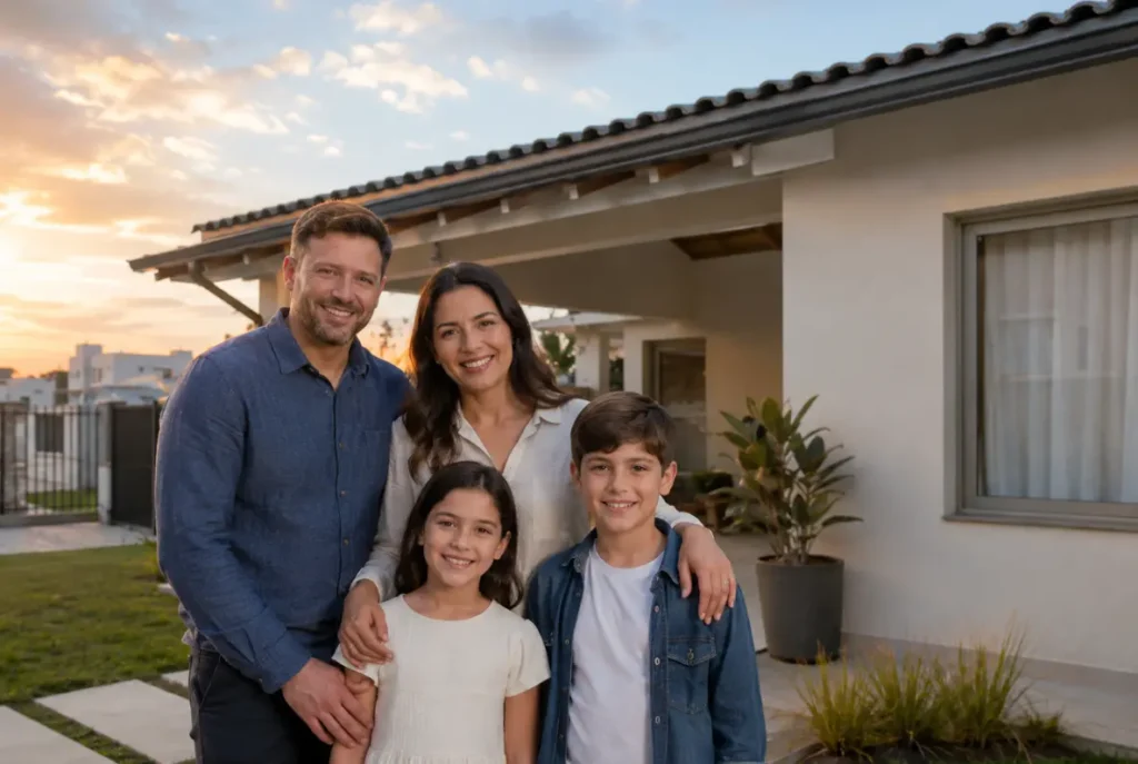 Casa protegida por seguro residencial em Pelotas com família tranquila na entrada - Empório Corretora de Seguros em Pelotas e Região