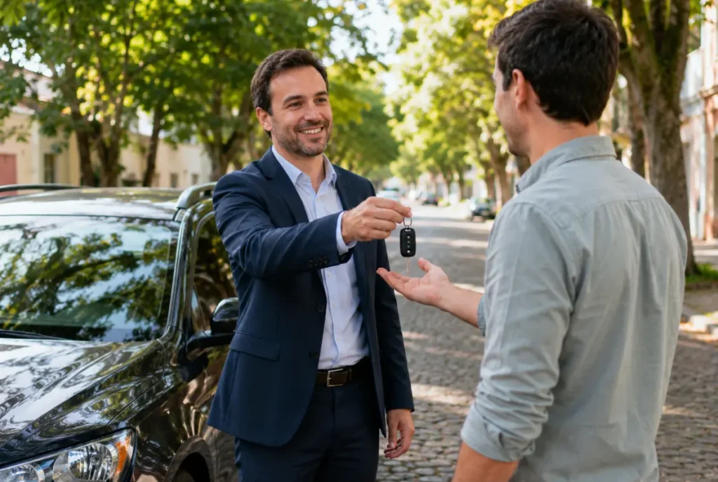 Corretor explicando opções de seguro auto em Pelotas a um cliente ao lado do carro - Empório Corretora de Seguros em Pelotas e Região